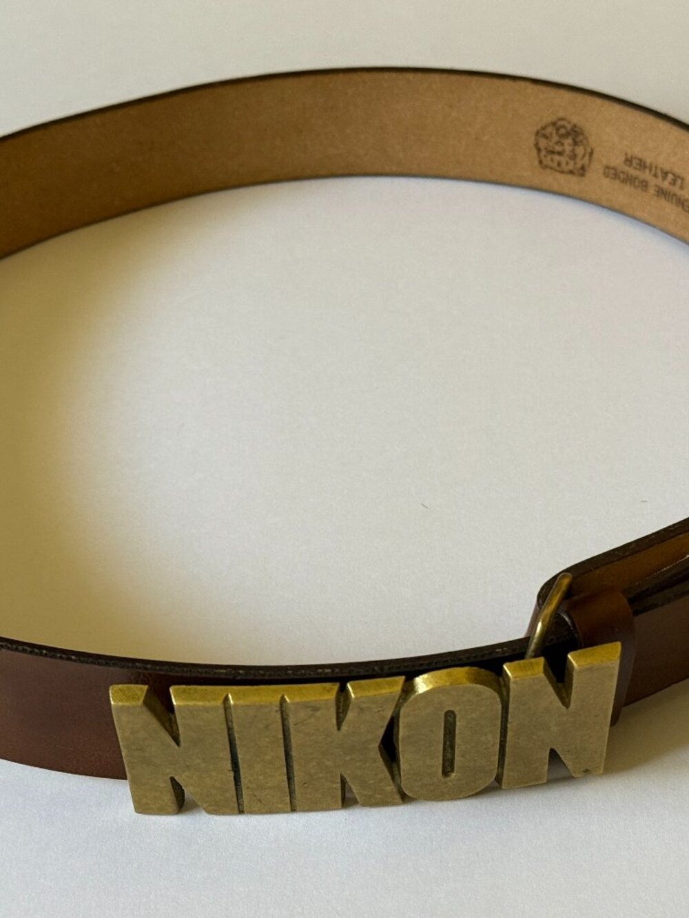 Vintage 1978 Baron Buckle NIKON Solid Brass Belt w Bonded Leather Strap 30-32